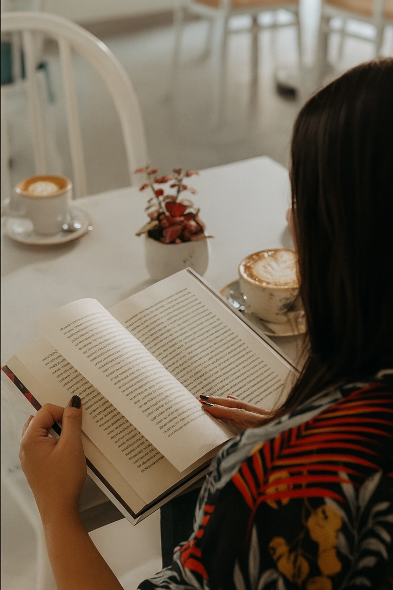 Mujer leyendo libro con café en Della Nonna Bucaramanga en ambiente acogedor y luminoso.